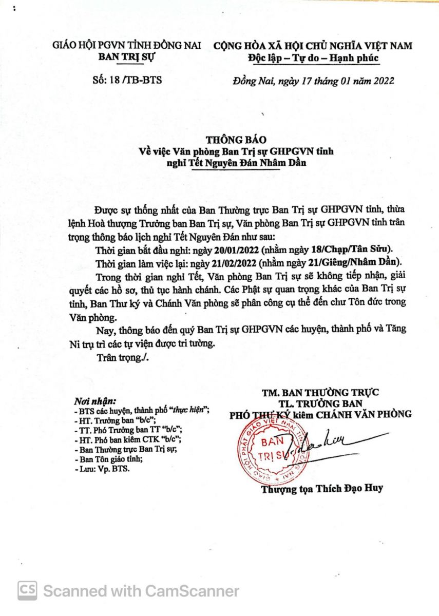 THÔNG BÁO: Văn phòng BTS GHPGVN tỉnh Đồng Nai nghỉ Tết Nguyên Đán Nhâm Dần 
