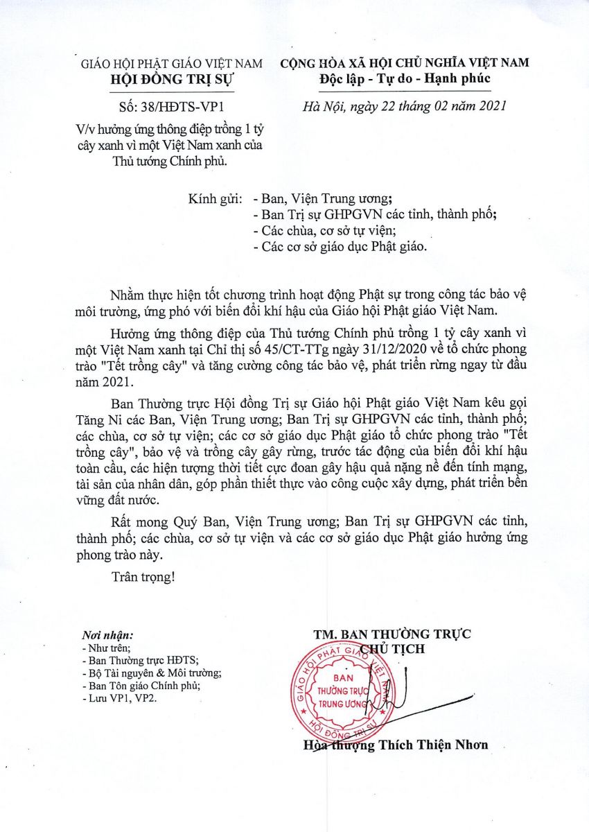 Công văn V/v hưởng ứng thông điệp trồng 1 tỷ cây xanh vì một Việt Nam xanh của Thủ tướng Chính phủ
