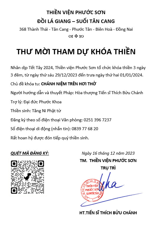 Biên Hòa: Thư mời tham dự khóa Thiền tại Thiền viện Phước Sơn