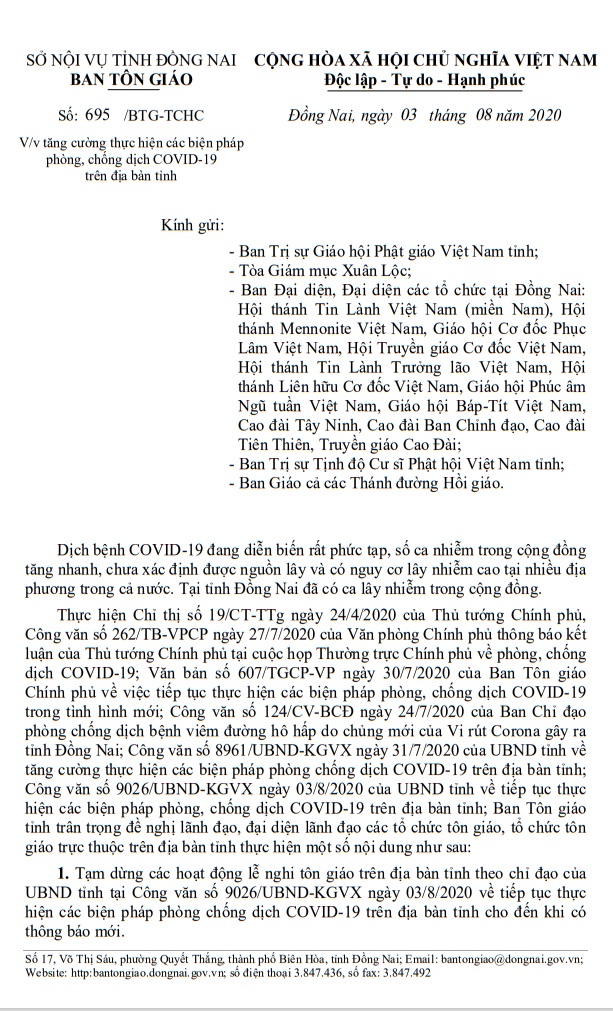 Ban Tôn giáo tỉnh Đồng Nai thông báo: Tăng cường thực hiện các biện pháp phòng, chống dịch COVID-19 trên địa bàn tỉnh