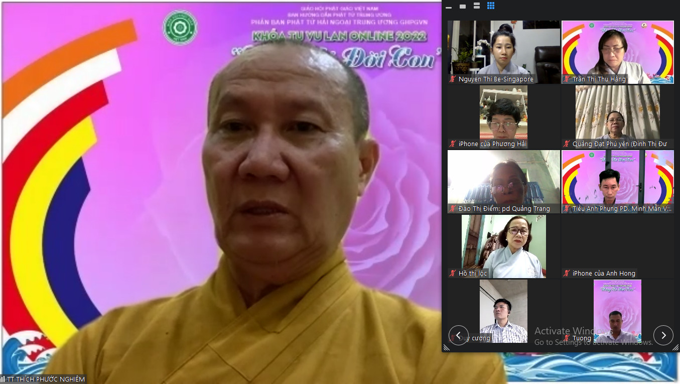 Thượng tọa Thích Phước Nghiêm chia sẻ pháp thoại tại khóa tu Vu lan online “Bóng cả đời con” 2022