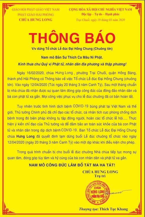 Hải Phòng: Tạm dừng tổ chức lễ đúc Đại Hồng Chung chùa Hưng Long
