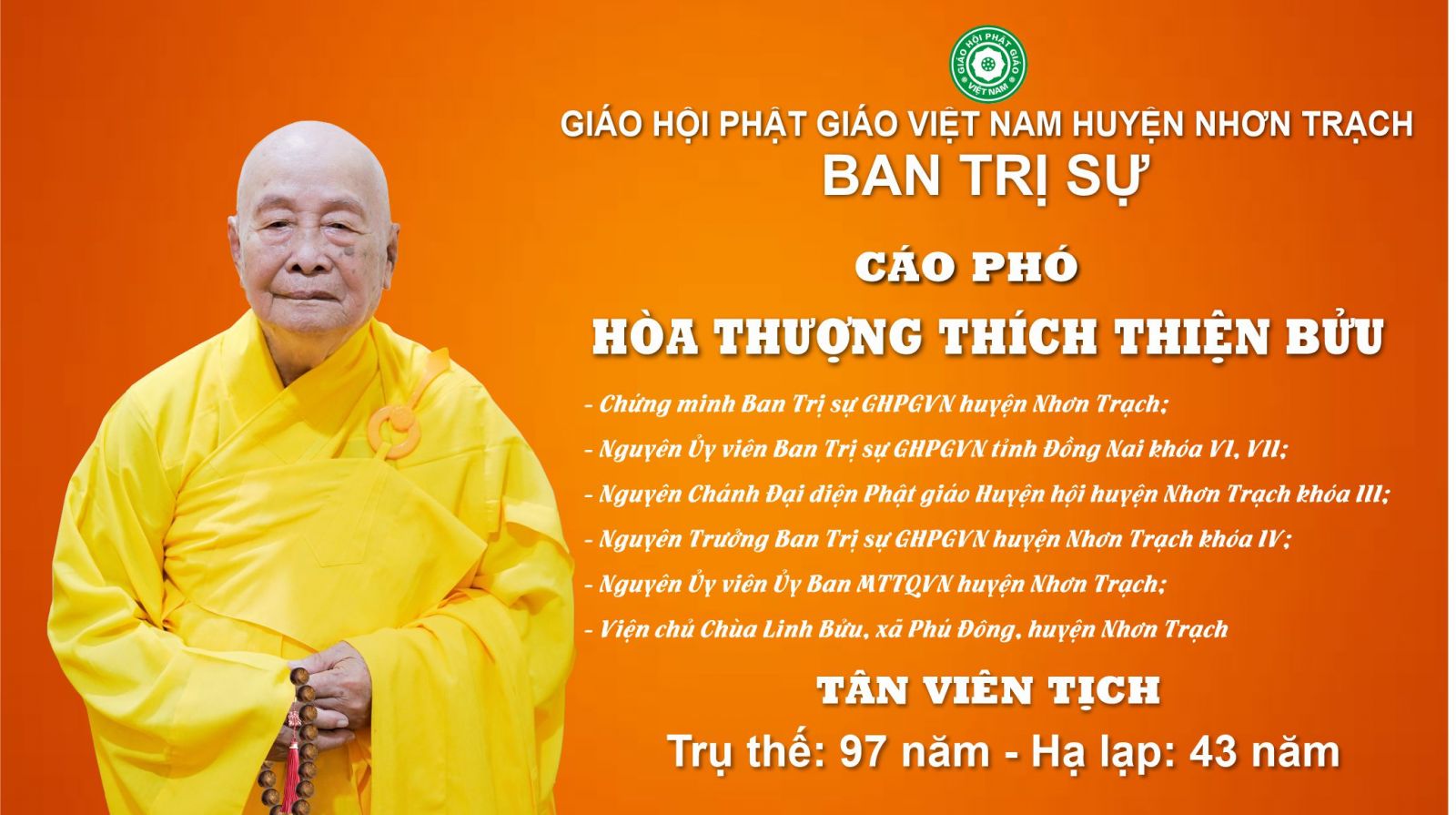 Cáo Phó: HT. Thích Thiện Bửu - Chứng minh Ban Trị sự GHPGVN huyện Nhơn Trạch - Tân Viên Tịch.